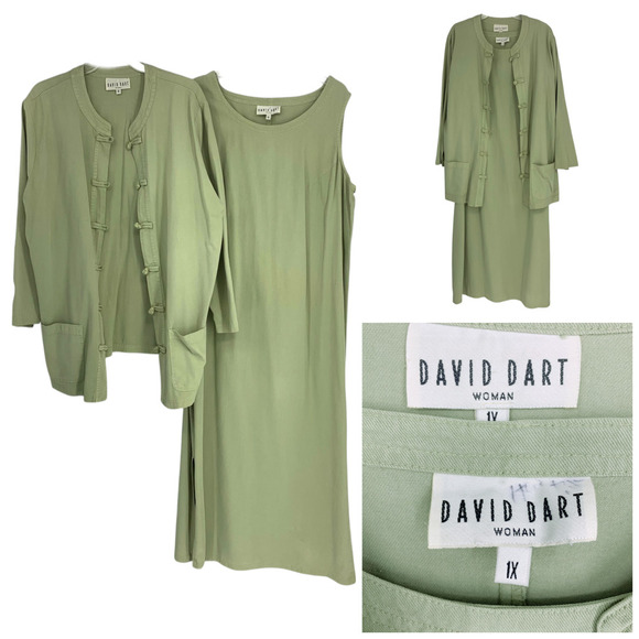 Vintage 1990's David Dart Plus Sz 1X Green Tencel Maxi Tank Dress + Overshirt - Picture 1 of 8